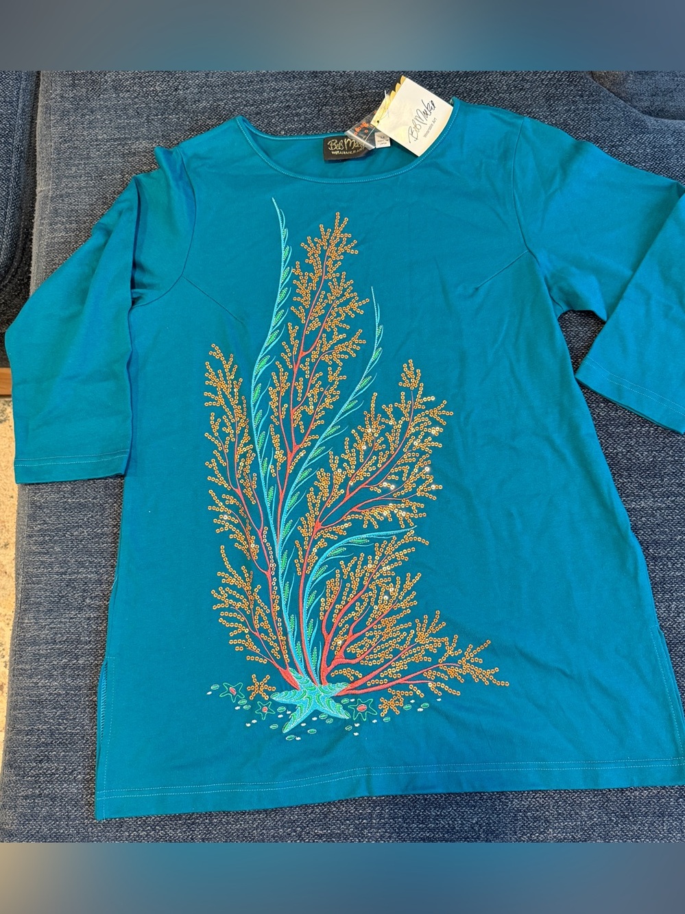 Bob Mackie NWT blouse in Teal and under the sea embroidered design, Size Medium